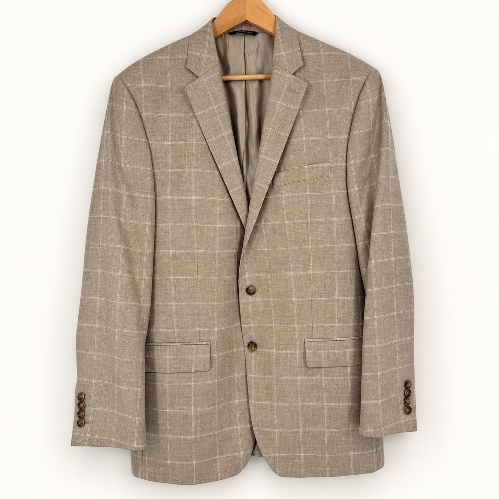 Ralph Ralph Lauren Mens 42L Blazer Tan Windowpane Plaid Wool Silk Linen READ